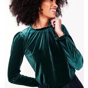 Boden Long Sleeve Velvet Ruffle Top Womens 2 Dark Green Mock Neck Holiday